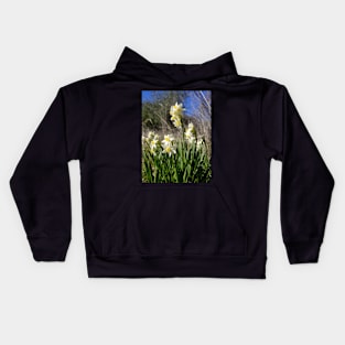 White and Yellow Daffodils Against a Blue California Spring Sky Kids Hoodie